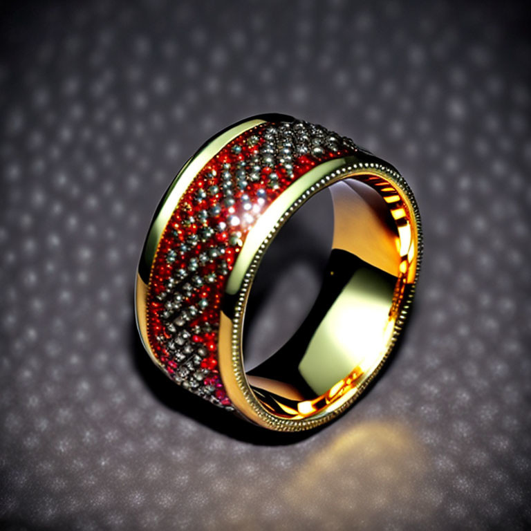 Luxurious Gold Ring with Red and Black Crystal Gradient on Dark Textured Background