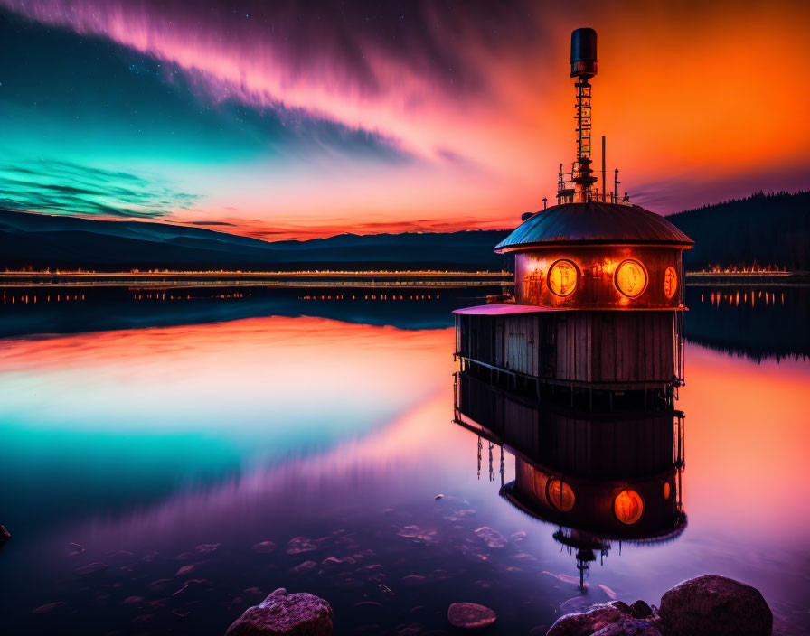 Vivid purple and orange sunset over calm waters with round building and glowing windows