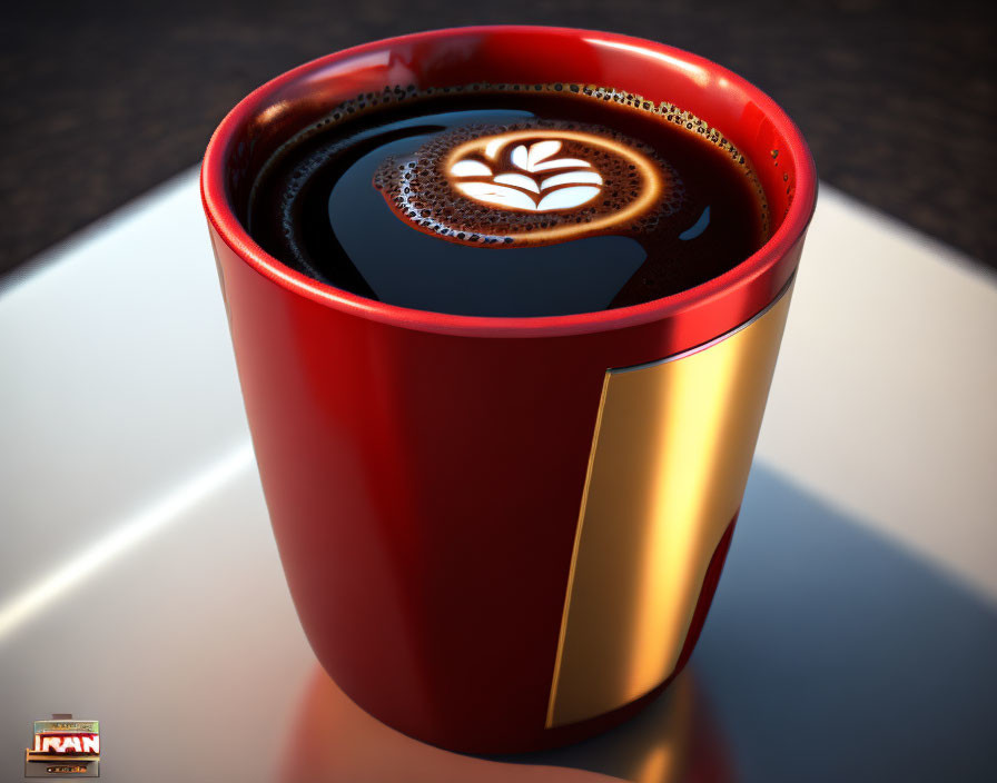 Red and Gold Coffee Mug with Latte Art on Reflective Counter