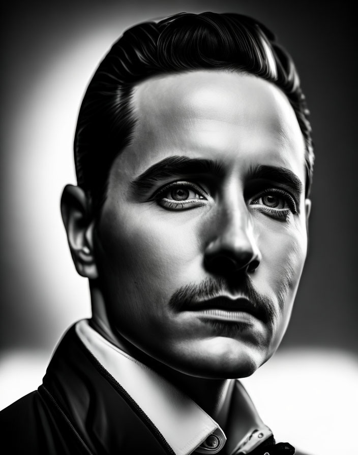 Monochrome portrait of a stylized man with slicked-back hair and intense eyes