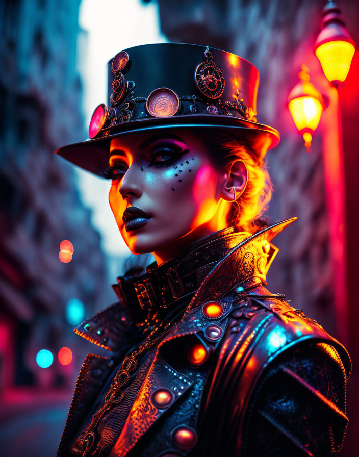 Steampunk woman in top hat under neon lights