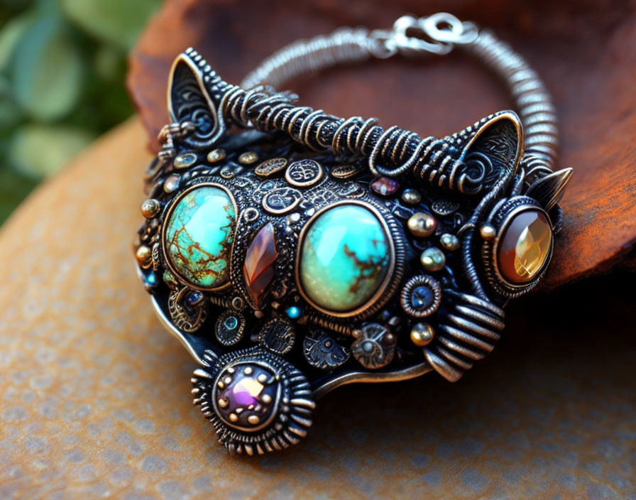 Silver Bracelet with Turquoise & Gemstones in Stylized Cat Face Design