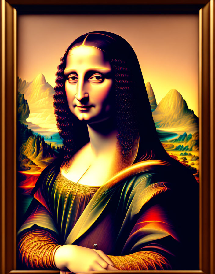 Digitally-altered Mona Lisa with saturated colors in a prominent frame