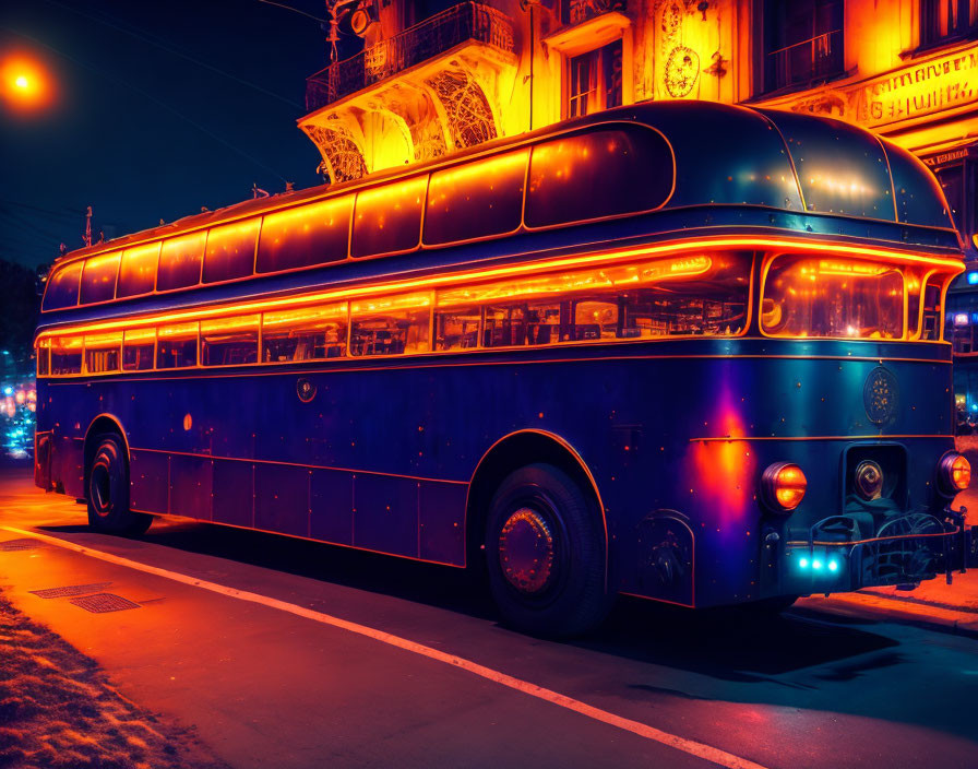 Vintage Double-Decker Bus with Blue and Orange Night Lights