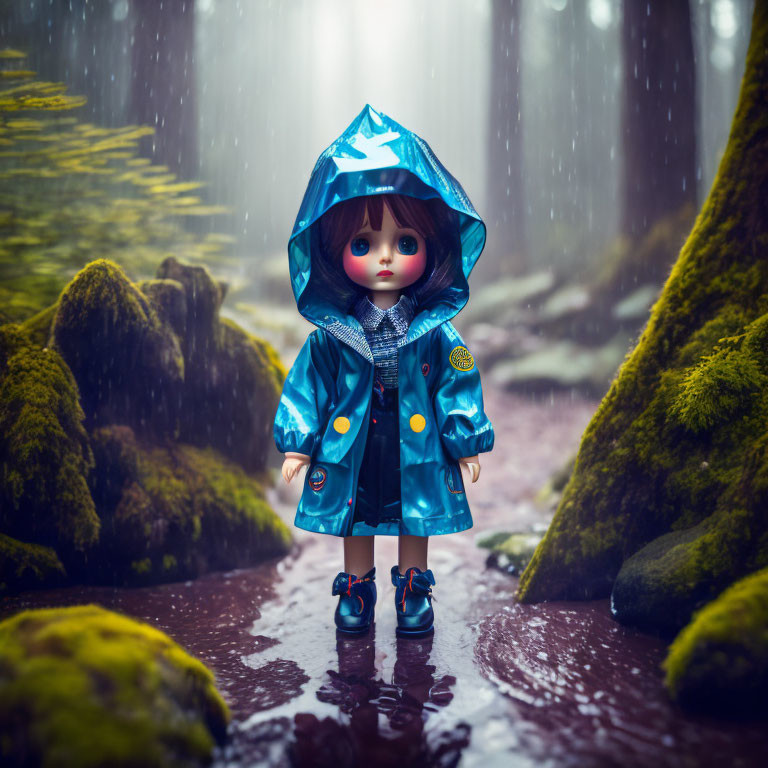 Blue raincoat doll in misty forest with rain and moss-covered rocks.