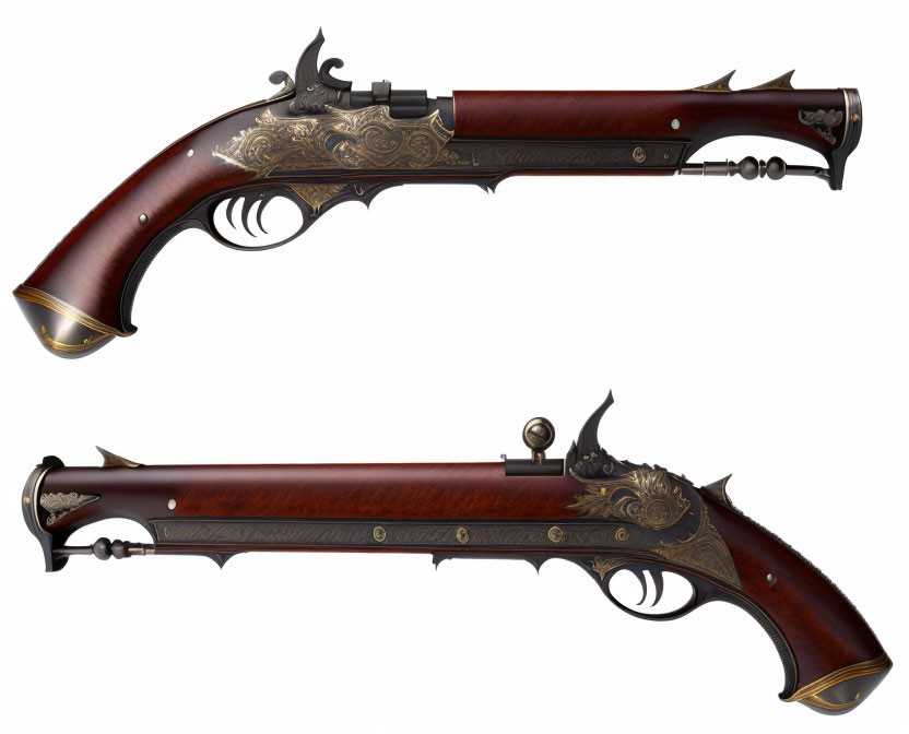 Vintage Flintlock Pistols with Metal Engraving and Wooden Handles