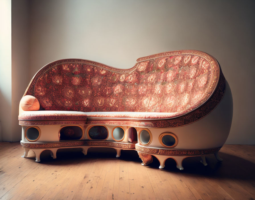 Vintage ornate sofa with curved backrest and decorative patterns against bare wall on wooden floor