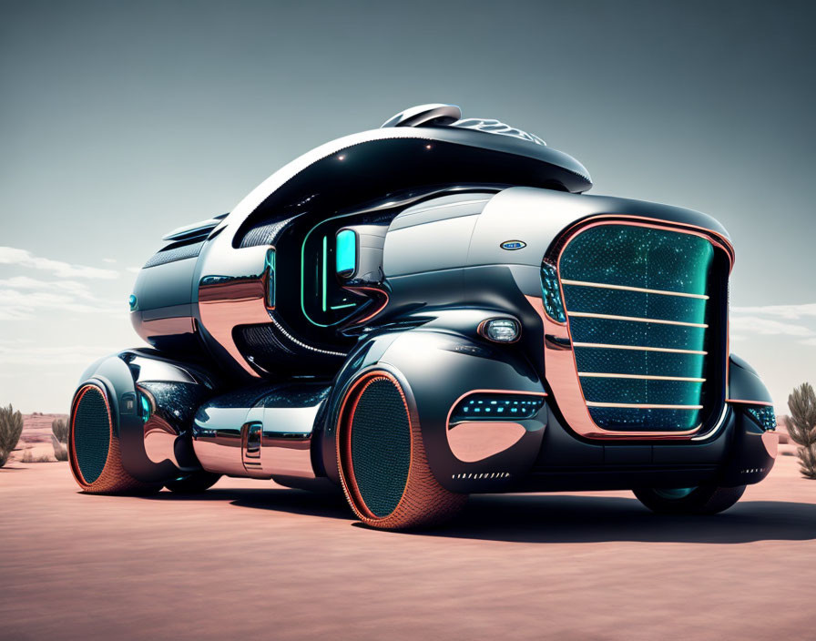 Sleek black and copper autonomous truck in desert landscape