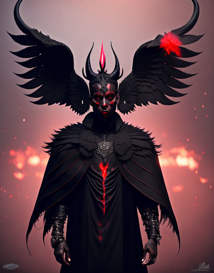 Fantasy character with black wings and red eyes in dark cloak on red background