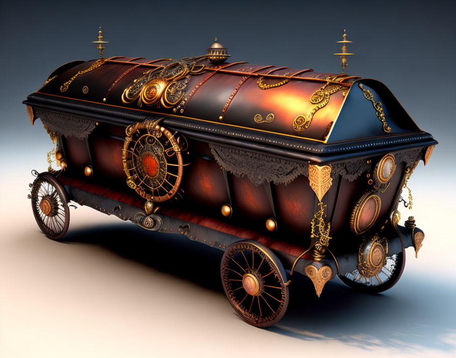 Steampunk-style carriage with gold detailing and mechanical gears on gradient background