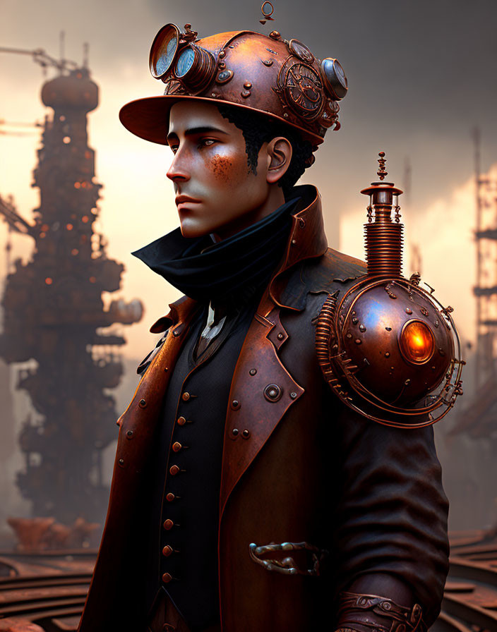 Steampunk character with mechanical arm in top hat and coat