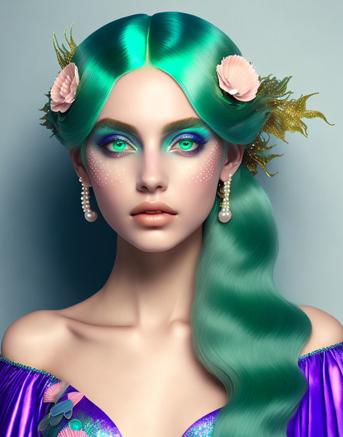 Fantasy portrait of woman with teal hair, pink flowers, gold accents, pearl earrings, and green