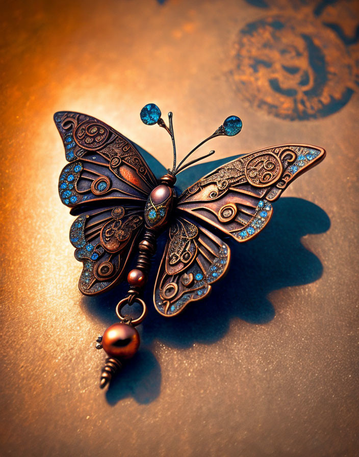 Metal Butterfly Brooch with Blue Gemstones on Amber Background