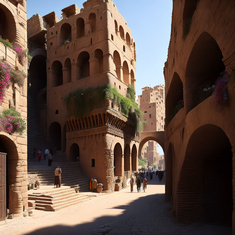 Historic clay-brick architecture with arches and greenery under a sunny sky in a busy alley