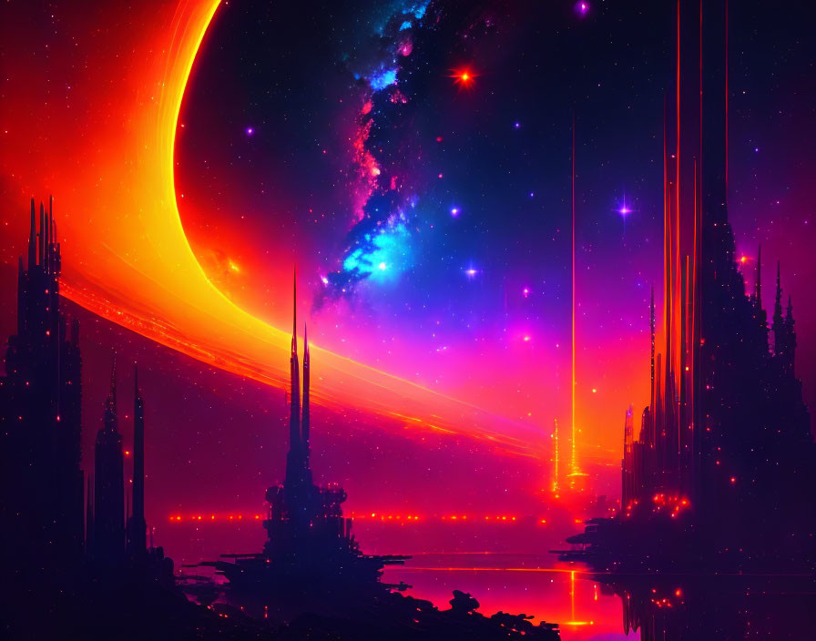 Futuristic sci-fi cityscape with glowing planet and colorful nebulae