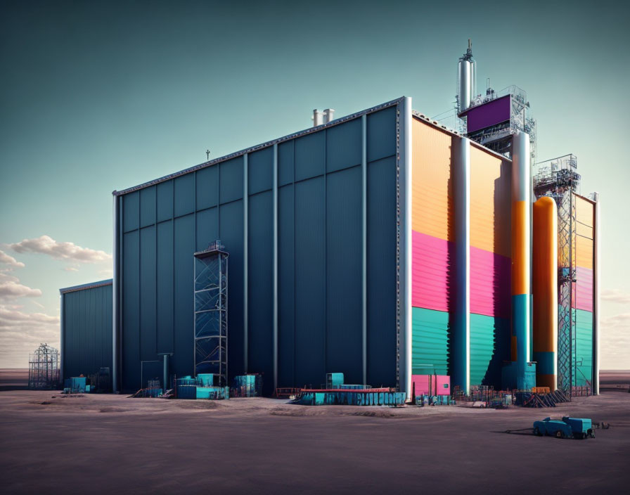 Colorful industrial facility with large storage tanks and modern structures at dusk