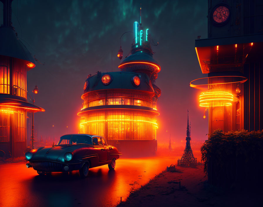 Retro-Futuristic City Night Scene with Neon Lights & Classic Car