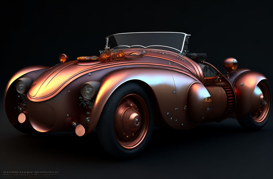 Vintage-Style Car with Copper Finish and Exposed Engine Components