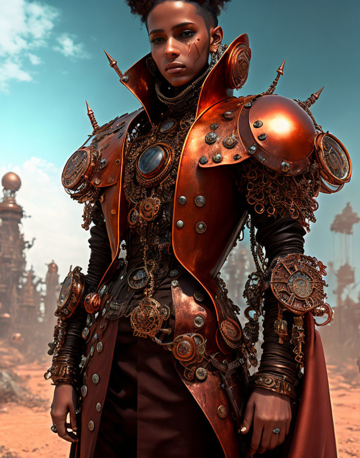 Steampunk armor with metallic embellishments on a futuristic backdrop