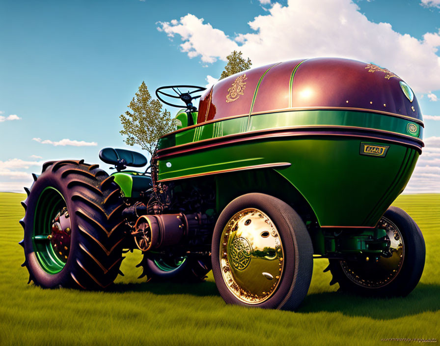 Futuristic green tractor with gold detailing on grassy field