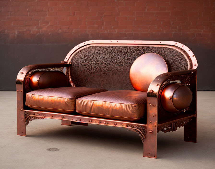 Vintage Leather Sofa with Metal Accents and Round Armrests on Brick Wall