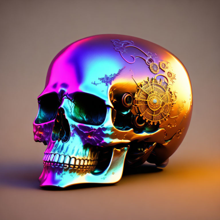 Colorful Metallic Skull with Iridescent Hues and Gold Gear and Floral Designs on Gradient Background