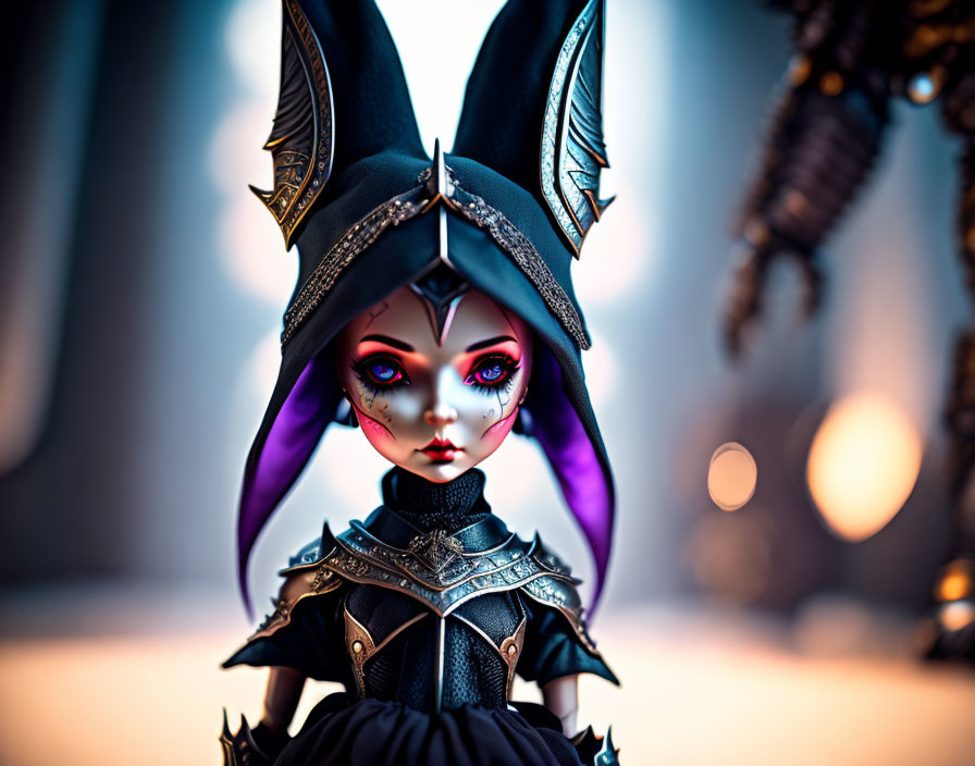 Gothic fantasy doll with pointed ears and dramatic makeup in black outfit