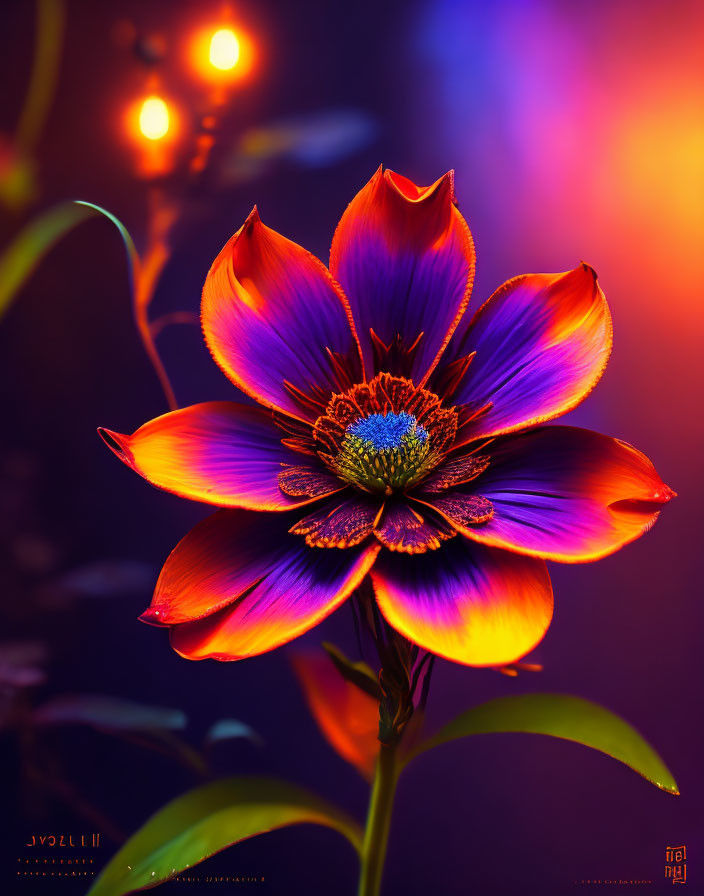 Colorful purple and orange flower on bokeh-lit background.