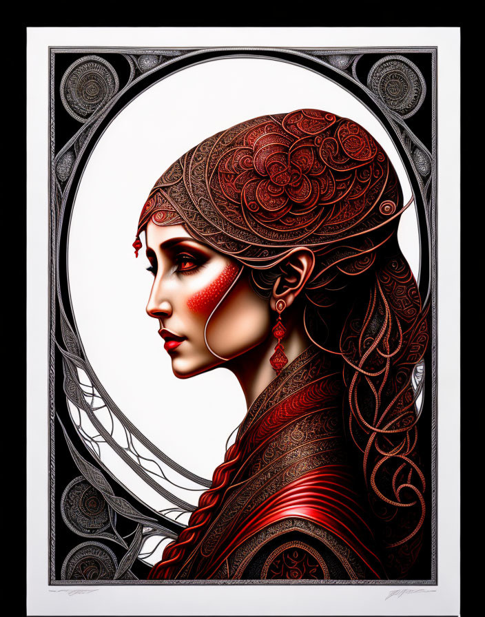 Detailed Art Nouveau Woman Profile Illustration with Elaborate Red Headgear