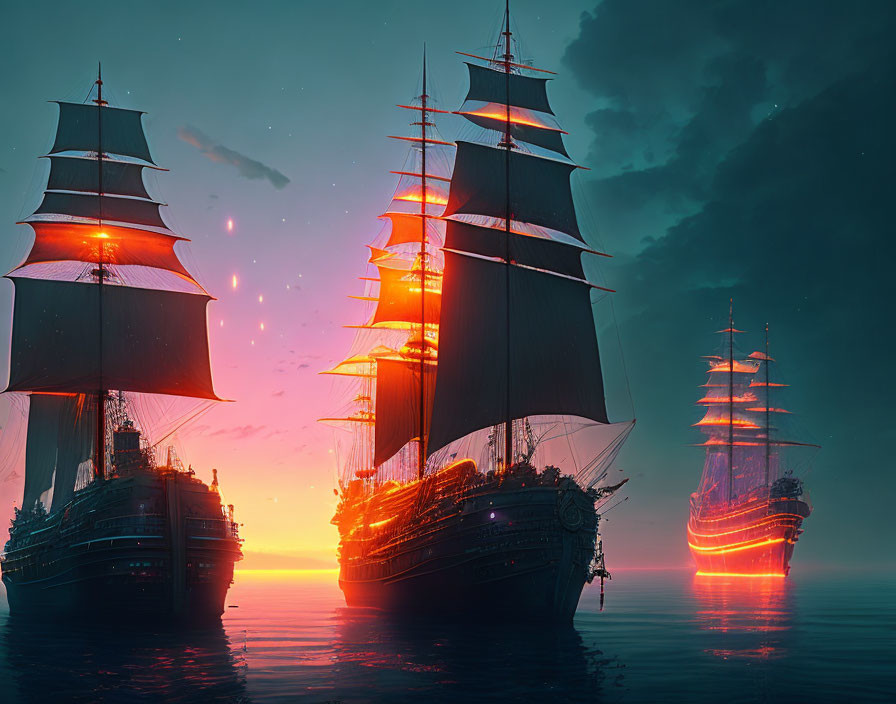 Majestic sailing ships on calm waters under orange and blue sunset sky