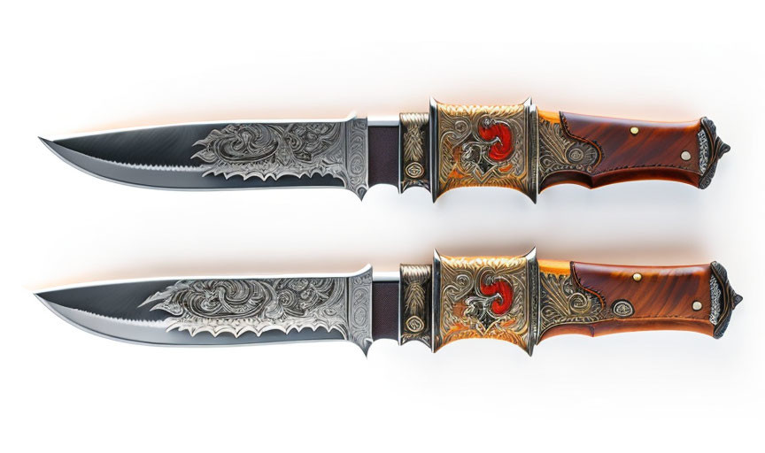 Ornate daggers with engraved blades and elaborate metallic designs