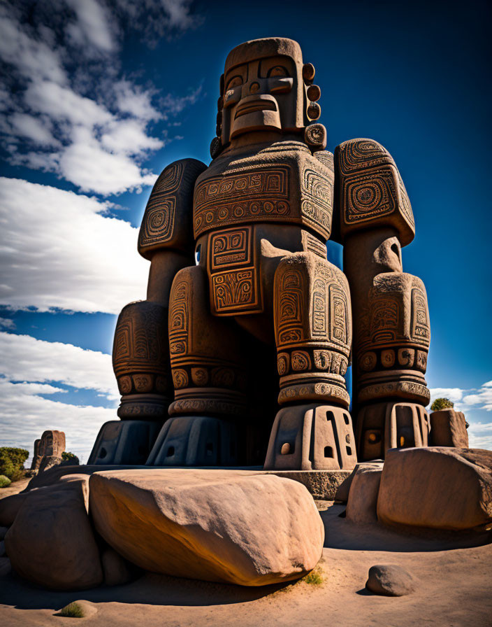 Intricately patterned stone statue against vivid blue sky