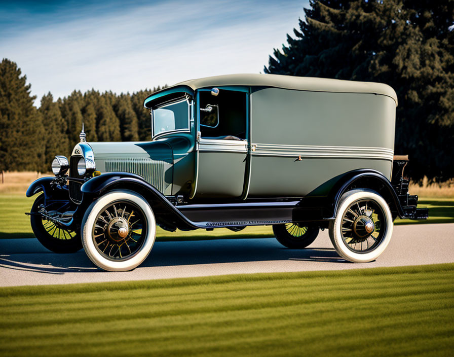 Vintage Green Car with Closed Cabin on Lawn with Trees