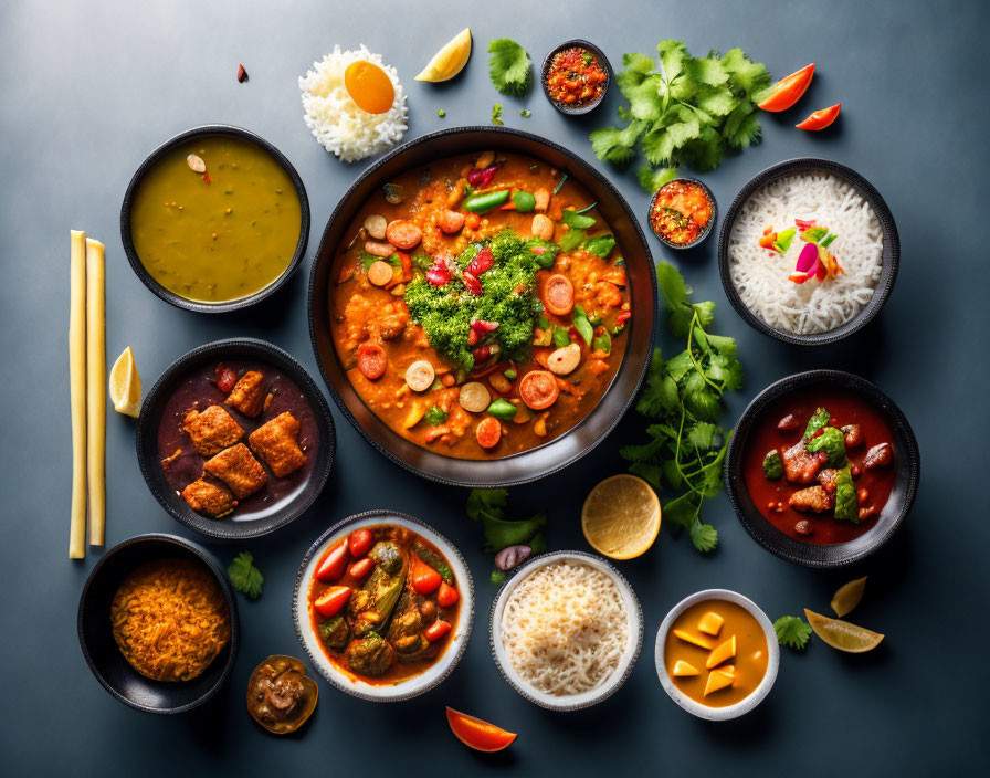 Assorted Indian Dishes with Curries, Rice, Samosas, and Chutney