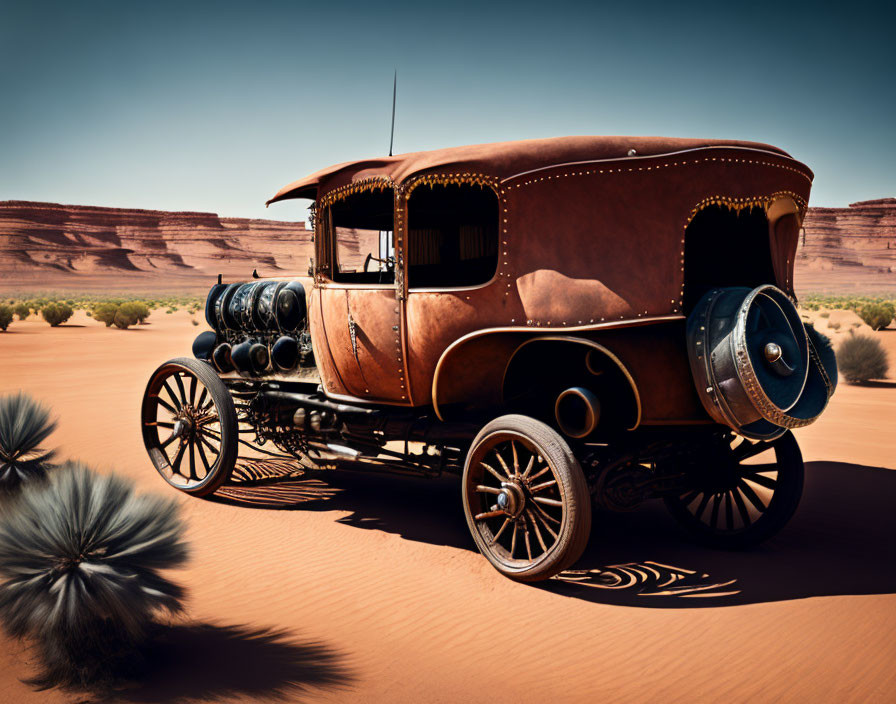 Vintage Car with Leather Exterior and Exposed Engine in Desert Setting