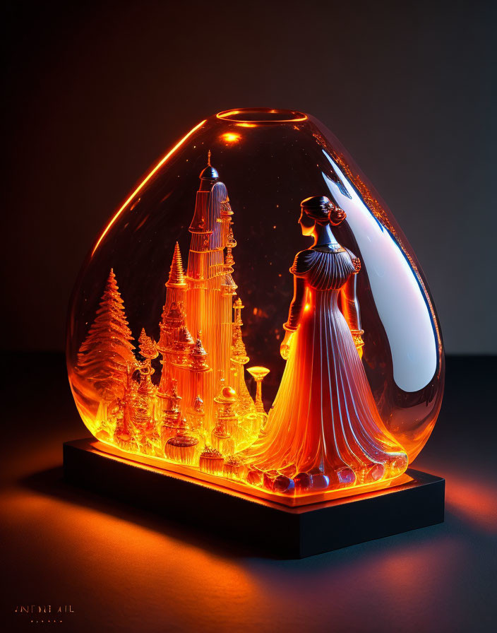 Intricately Carved Glass Sculpture of Woman and Landscape