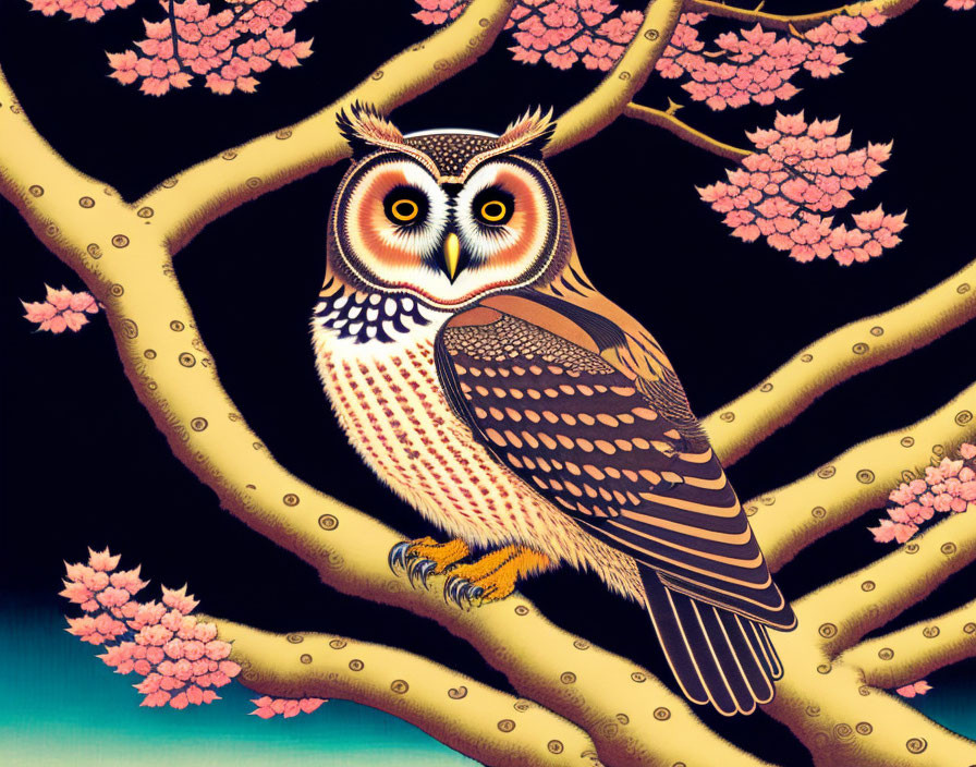 Stylized owl illustration perched on branch with pink blossoms in night sky