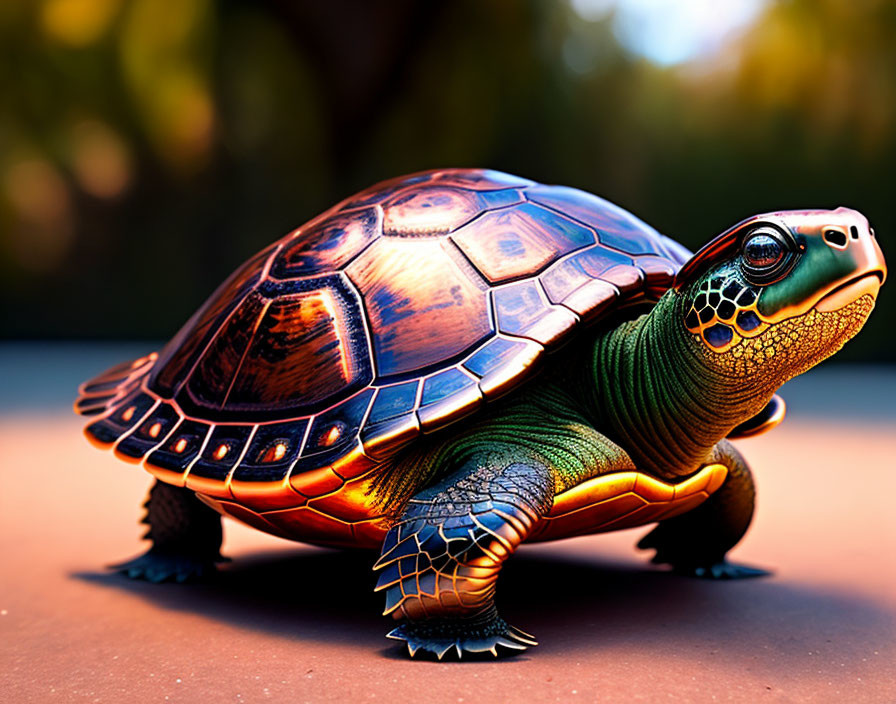 Colorful Turtle with Glossy Shell Walking in Sunlight