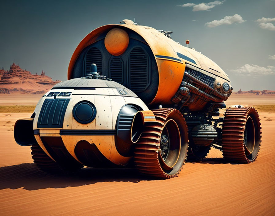 Futuristic orange and white robot with wheeled vehicle in desert