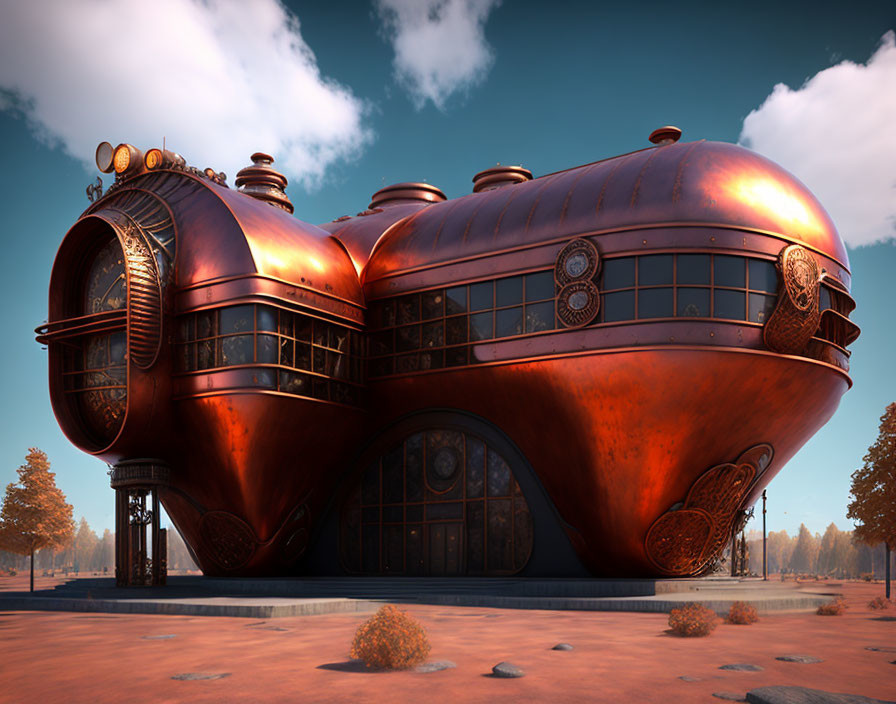 Copper heart-shaped steampunk building in serene landscape