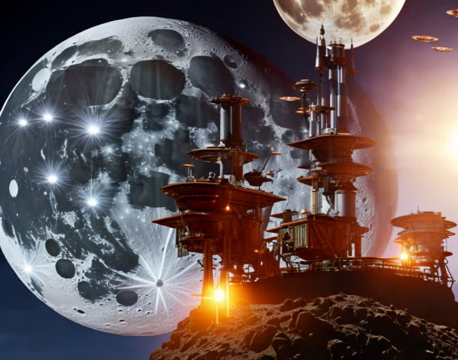 Futuristic lunar base with multiple levels and bright lights on cratered moon landscape