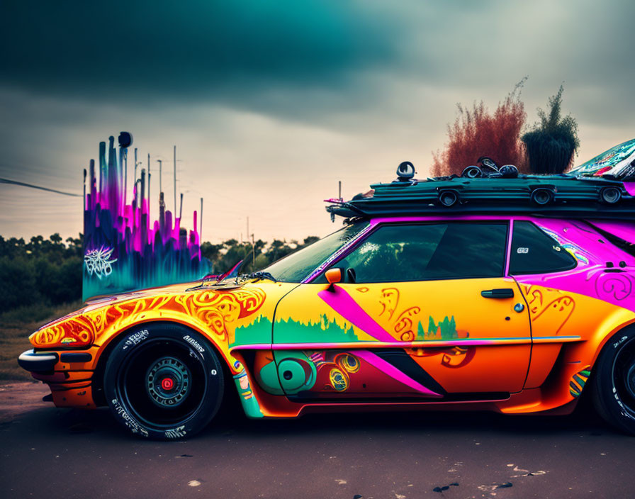 Colorful graffiti-style sports car with spoiler and roof rack against dramatic sky