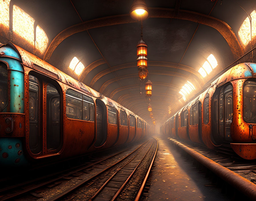 Abandoned rusty subway cars in dimly lit tunnel with lanterns