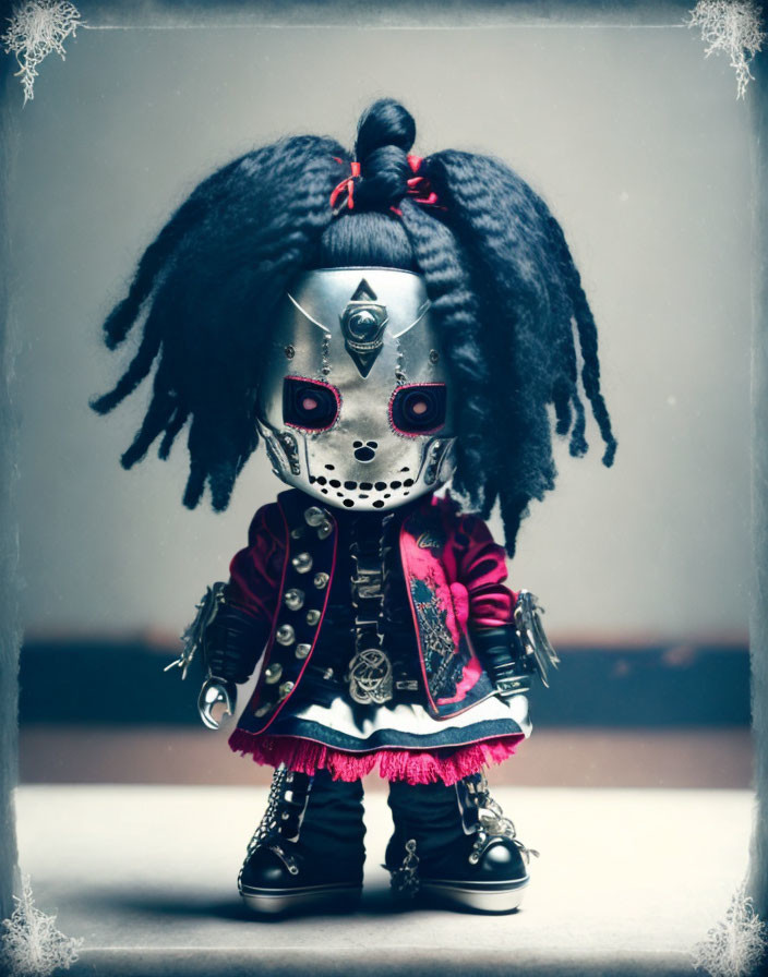 Gothic-style doll with metallic face mask and pigtails on blurred background