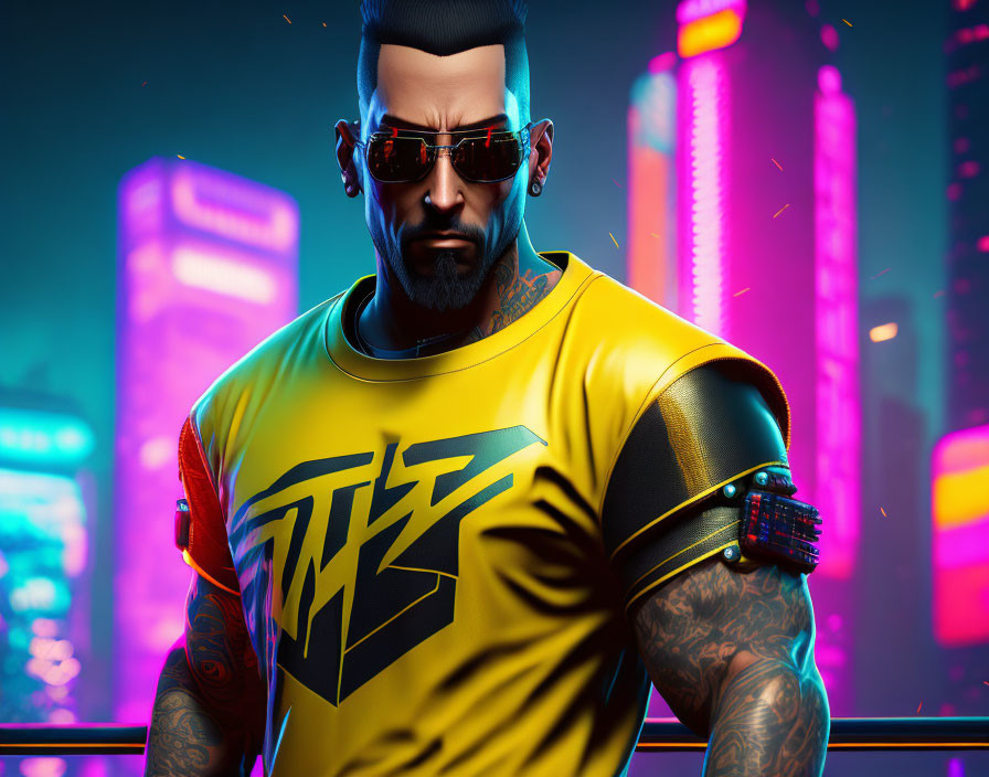 Male character with cyberpunk tattoos in neon-lit cityscape.