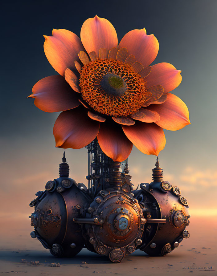 Colorful mechanical flower on industrial base in dusky sky