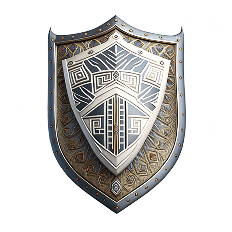 Medieval shield with geometric patterns and metallic embellishments