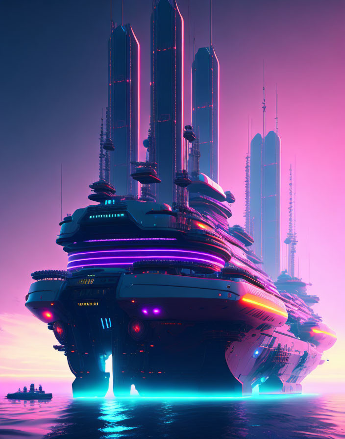 Futuristic neon-lit cityscape with skyscrapers and boats at twilight