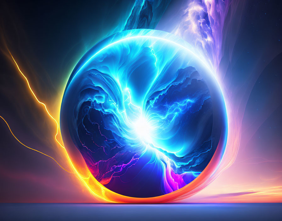 Colorful digital artwork: Glowing orb with blue and orange hues on cosmic background