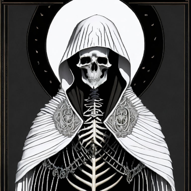 Monochrome skeletal figure in hooded cloak with lace-like patterns